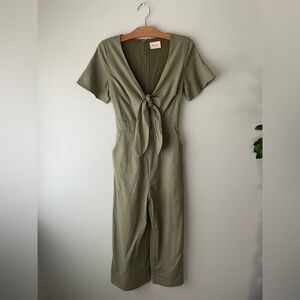 Showpo Australia Linen Blend Front Knot Tie Jumpsuit Wide Leg Khaki Green Small